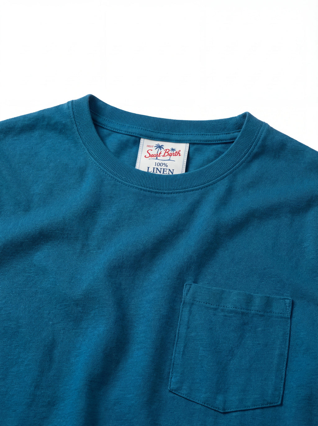 T-shirt su sfondo neutro da dietro t-shirt blu texture lino Saint Barth lino