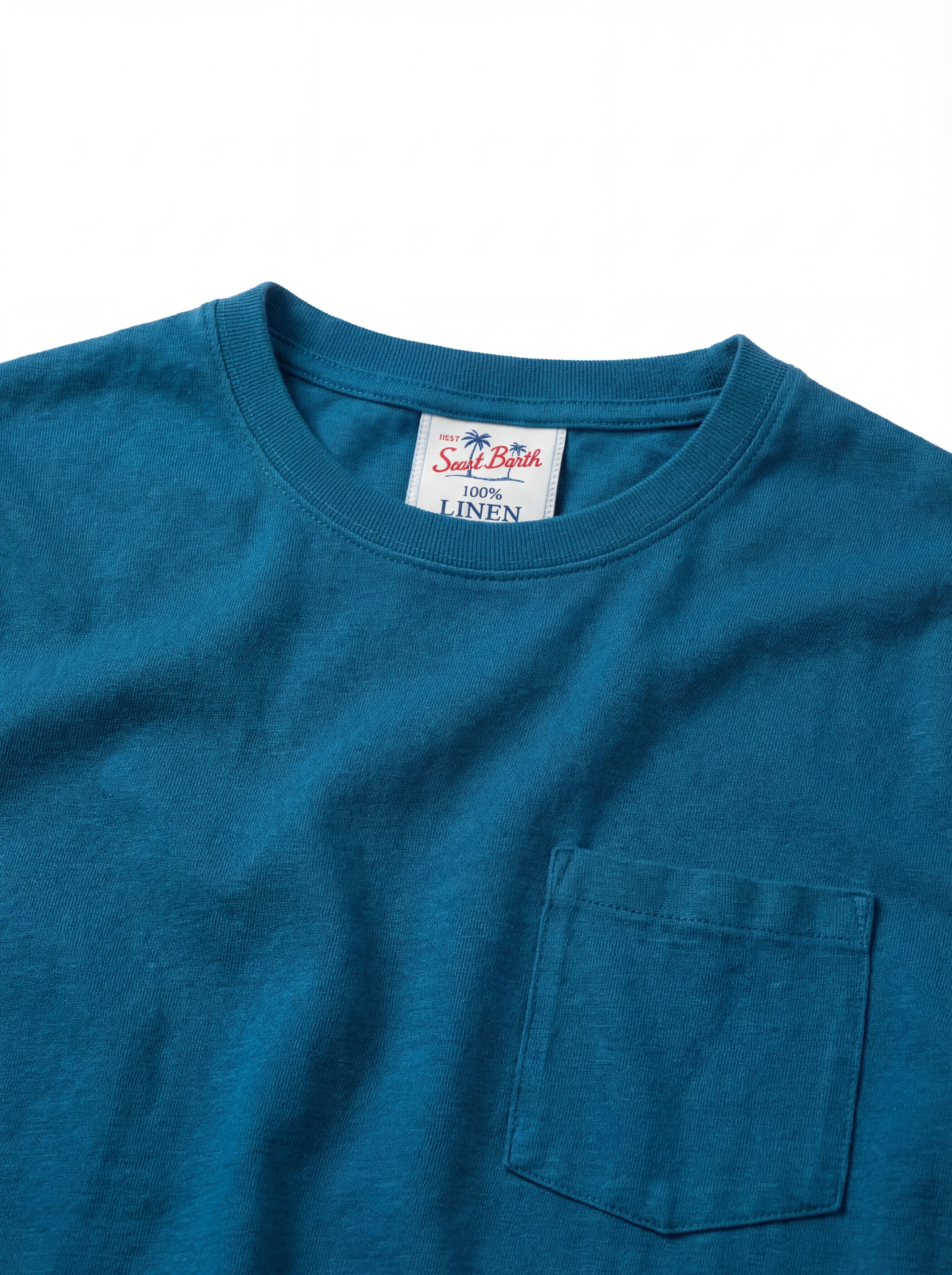 T-shirt su sfondo neutro da dietro t-shirt blu texture lino Saint Barth lino