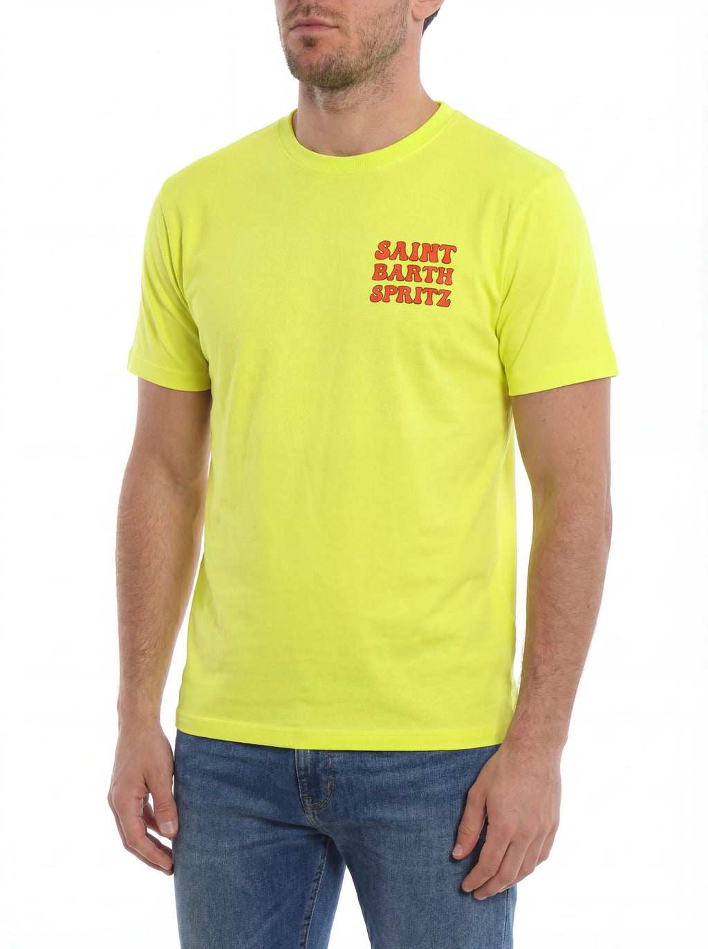 Vista da dietro t-shirt giallo scritta “SPRITZ” Saint Barth Spritz