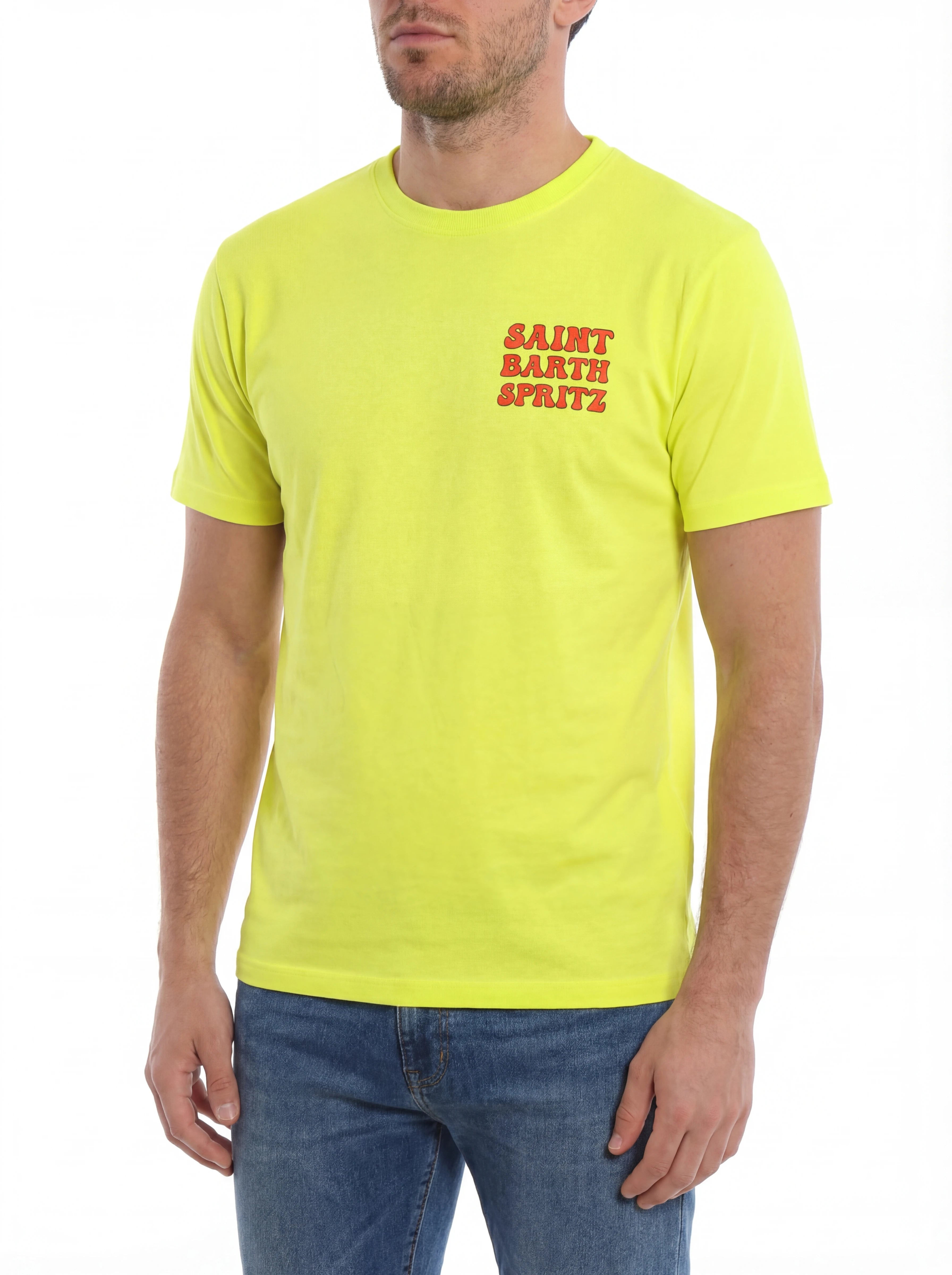 Vista da dietro t-shirt giallo scritta “SPRITZ” Saint Barth Spritz