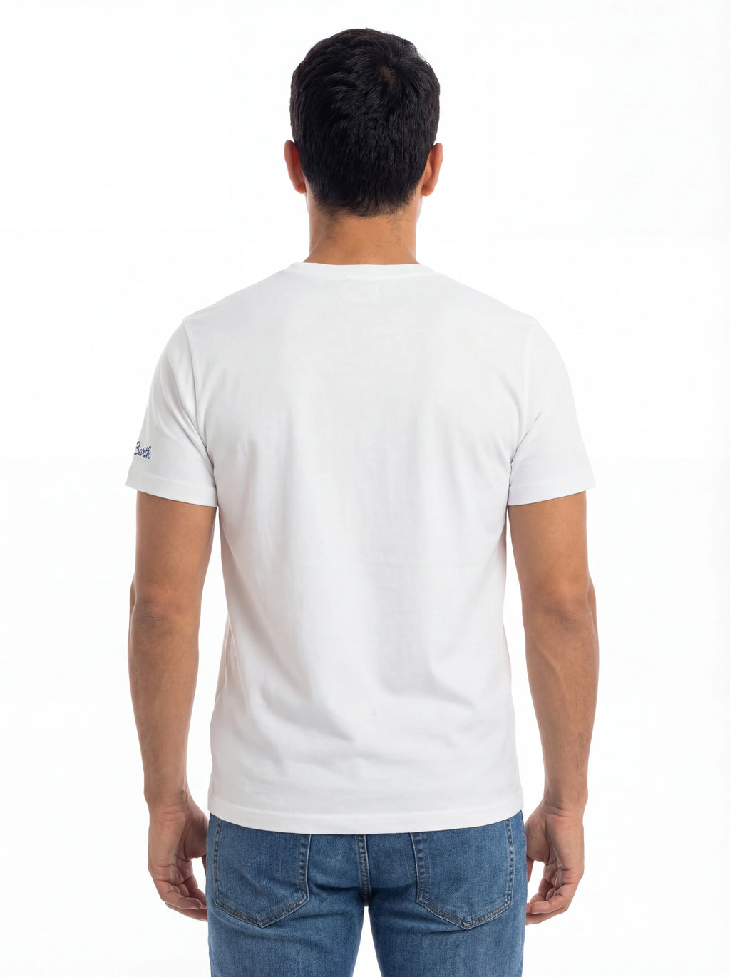 Modello a 45 gradi t-shirt bianco stampa Saint Barth Second manica corta