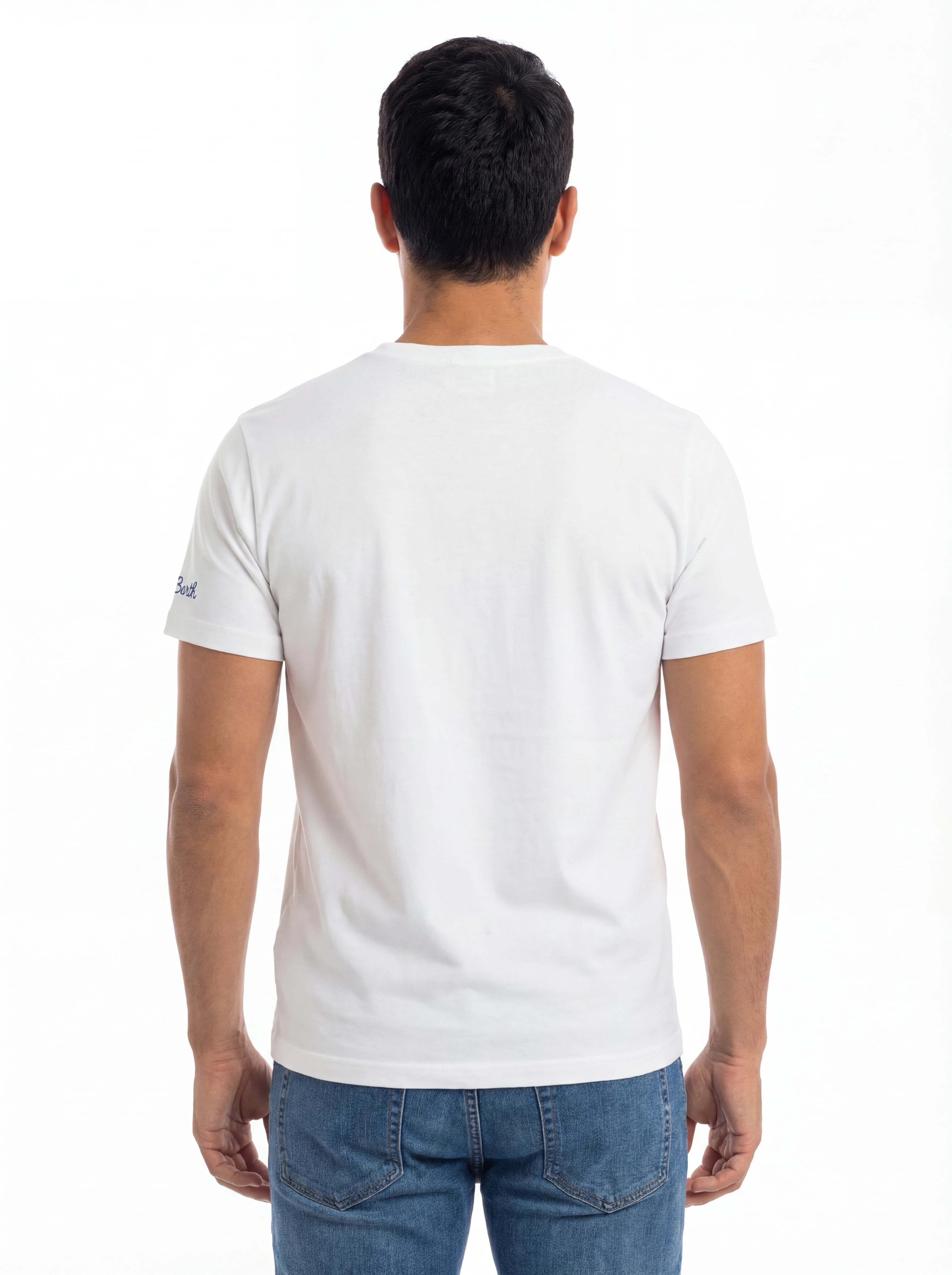 Modello a 45 gradi t-shirt bianco stampa Saint Barth Second manica corta