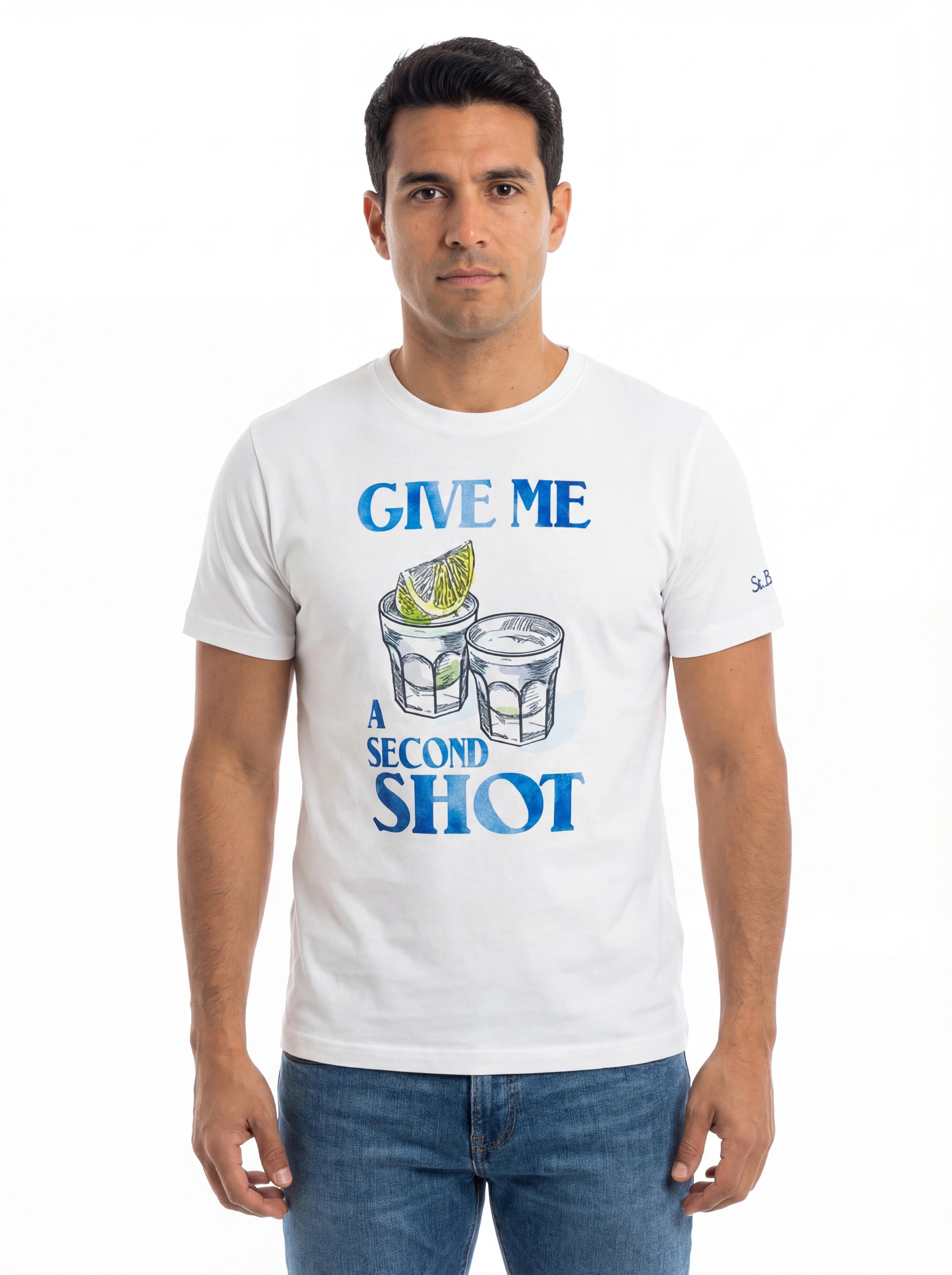 Modello frontalmente t-shirt bianco stampa Saint Barth Second