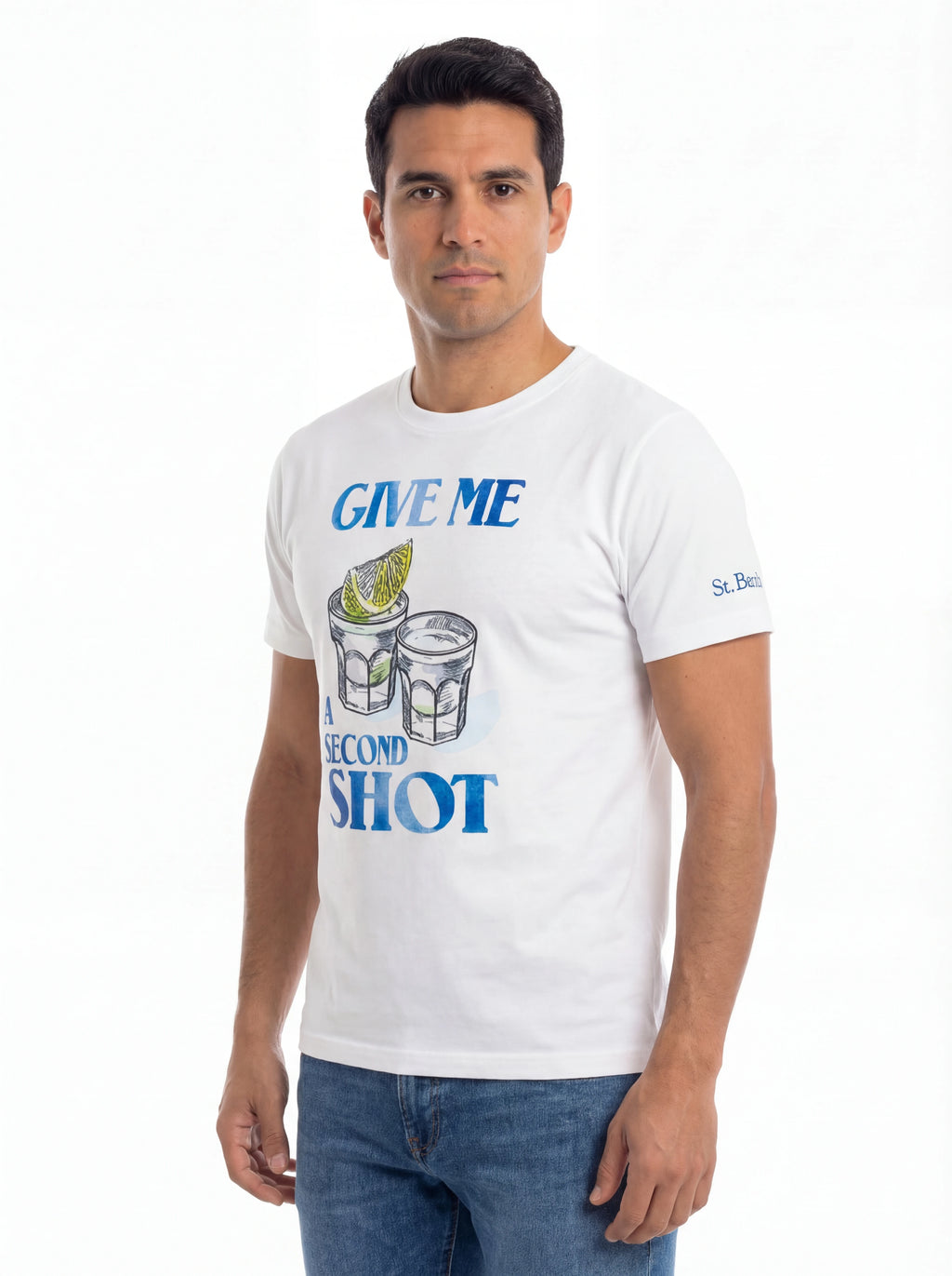 T-shirt su sfondo neutro da dietro t-shirt bianco stampa Saint Barth