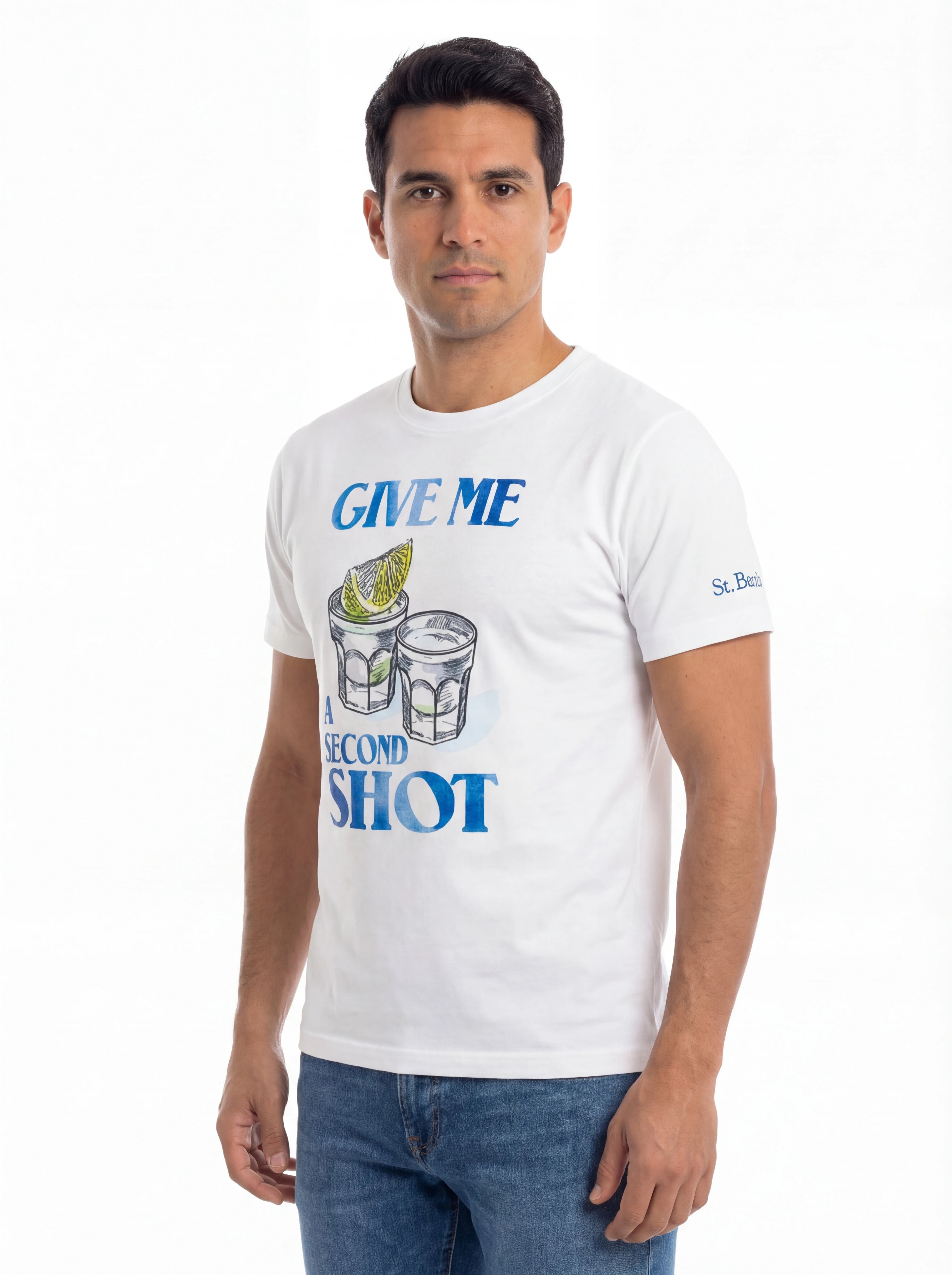 T-shirt su sfondo neutro da dietro t-shirt bianco stampa Saint Barth