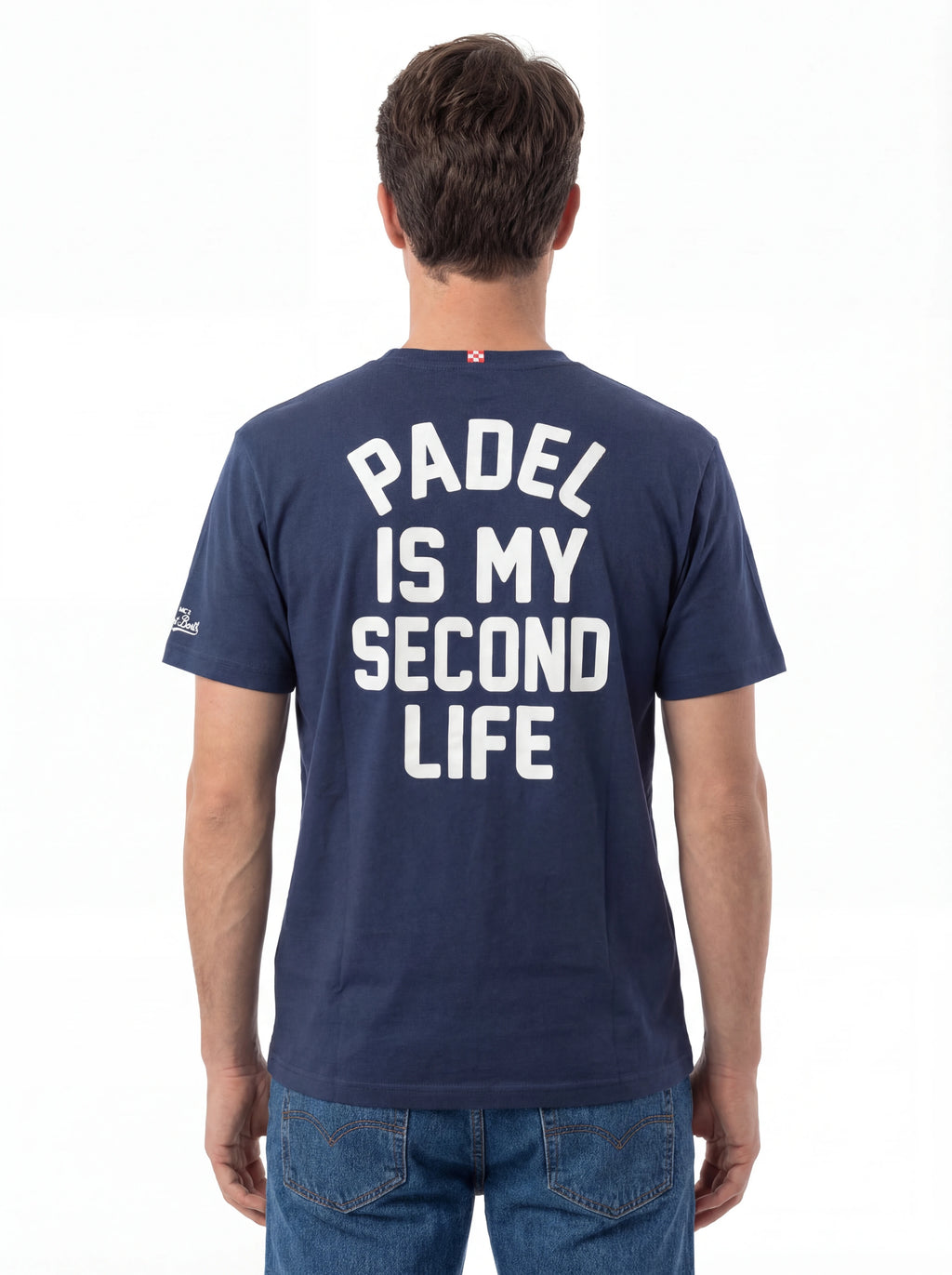 Modello a 45 gradi t-shirt blu scritta “Padel Is My Second Lif” Saint Barth cotone