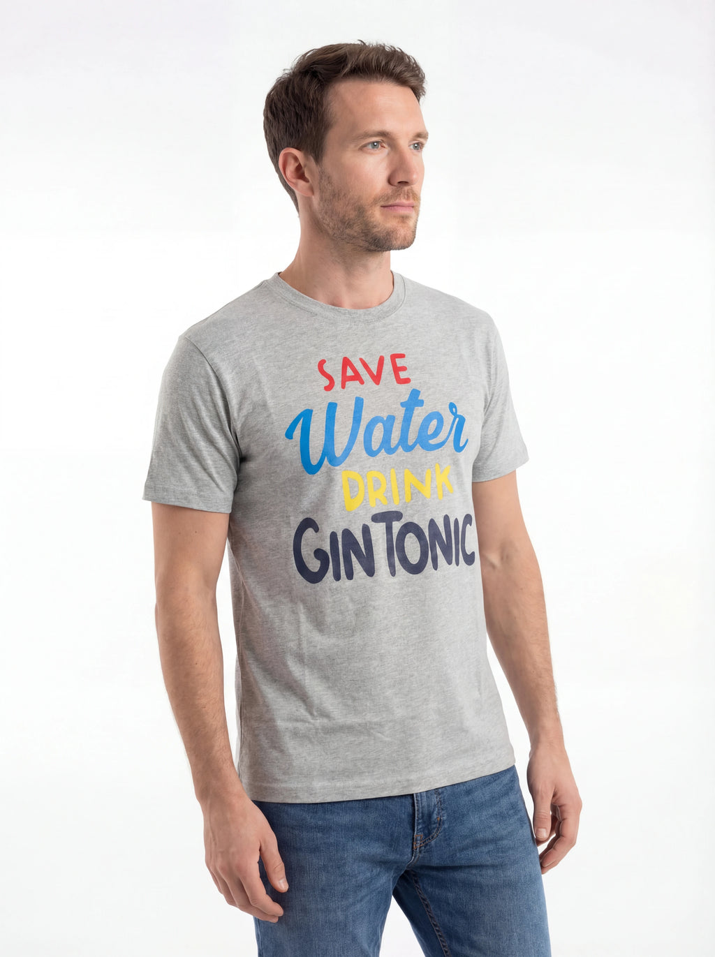 Vista da dietro t-shirt grigio scritta “SAVE WATER DRINK GIN T” Saint Barth cotone