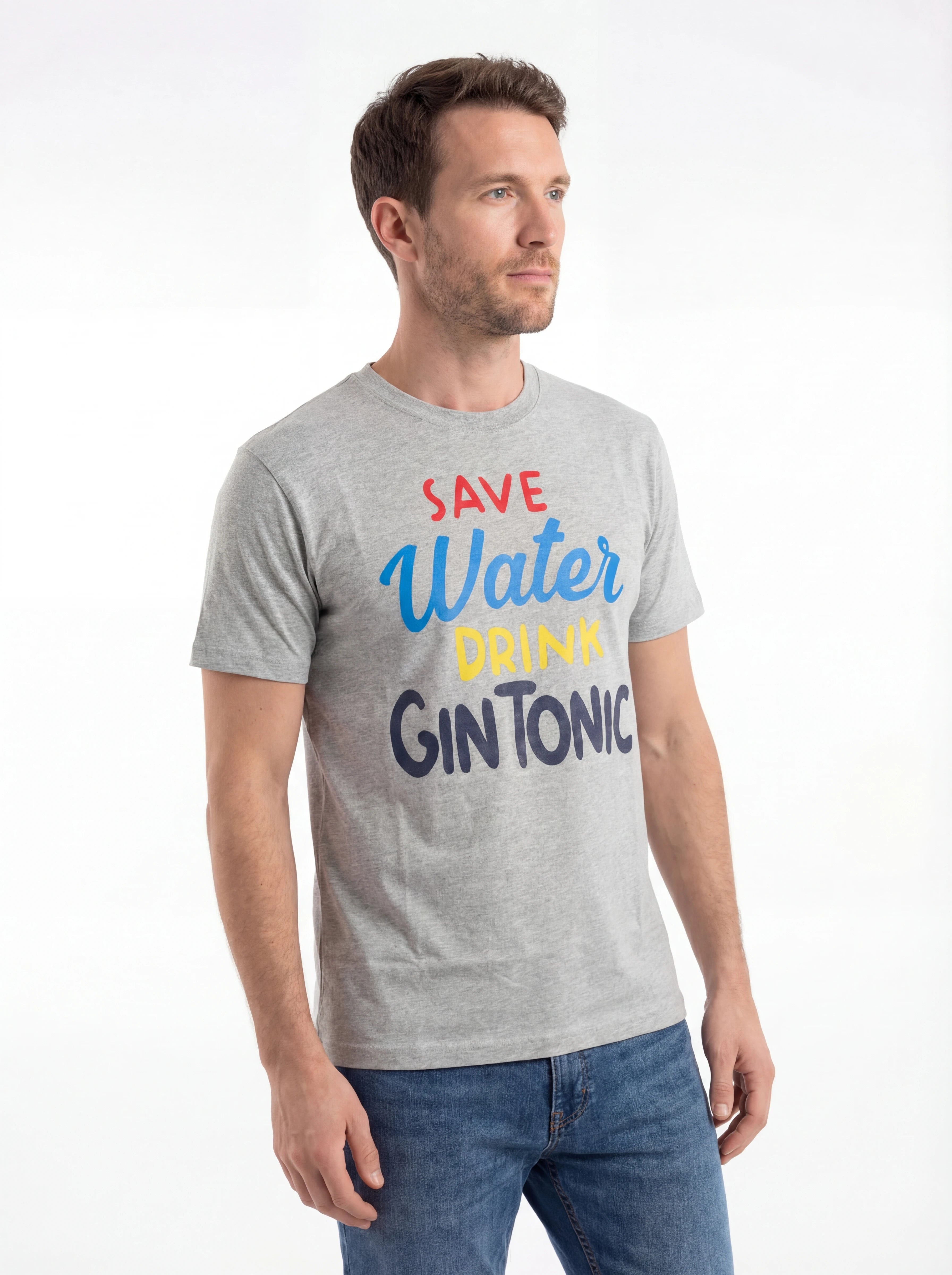 Vista da dietro t-shirt grigio scritta “SAVE WATER DRINK GIN T” Saint Barth cotone