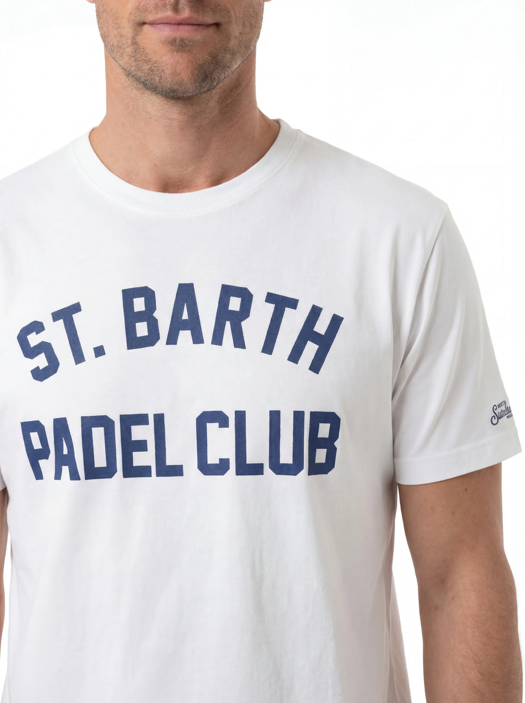 Modello a 45 gradi t-shirt bianco stampa Saint Barth cotone Arnott