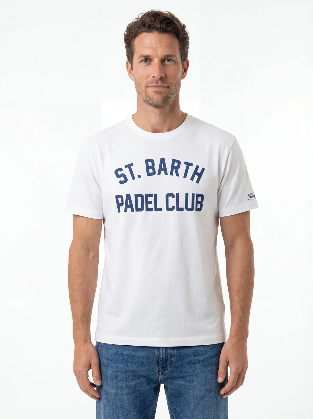 Modello frontalmente t-shirt bianco stampa Saint Barth cotone