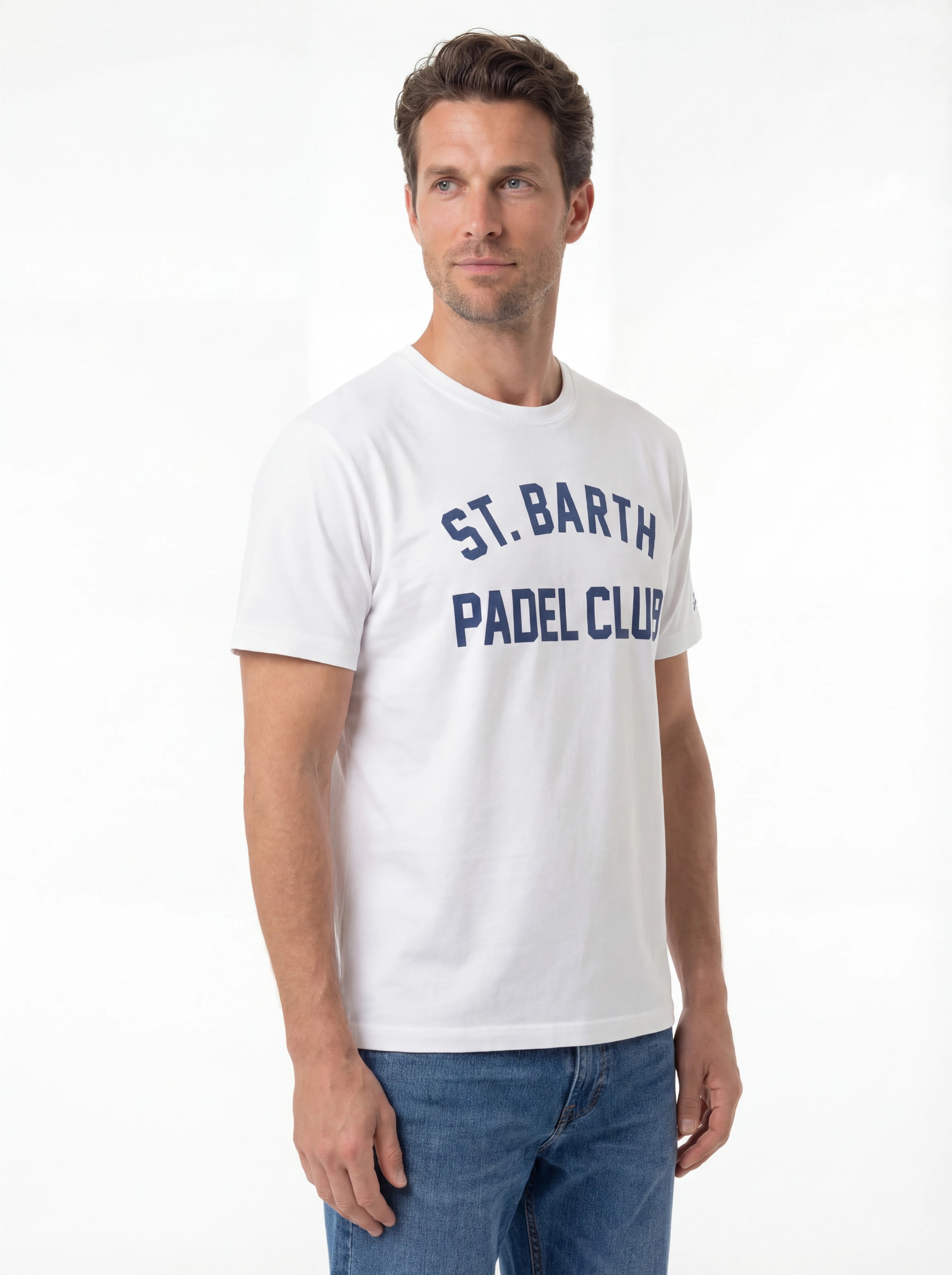 Vista da dietro t-shirt bianco stampa Saint Barth cotone Arnott