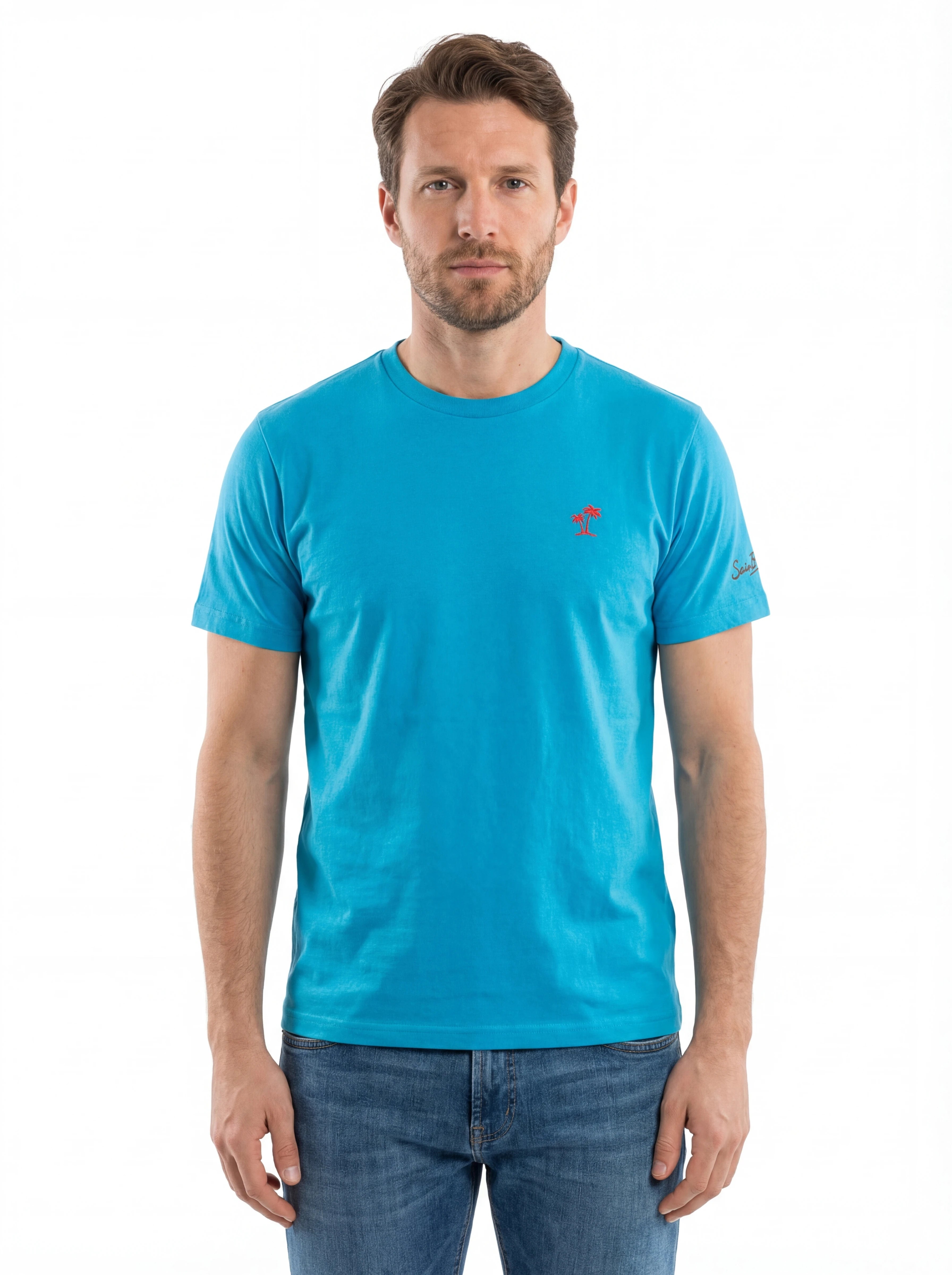 Modello frontalmente t-shirt azzurro spugna Saint Barth spugna