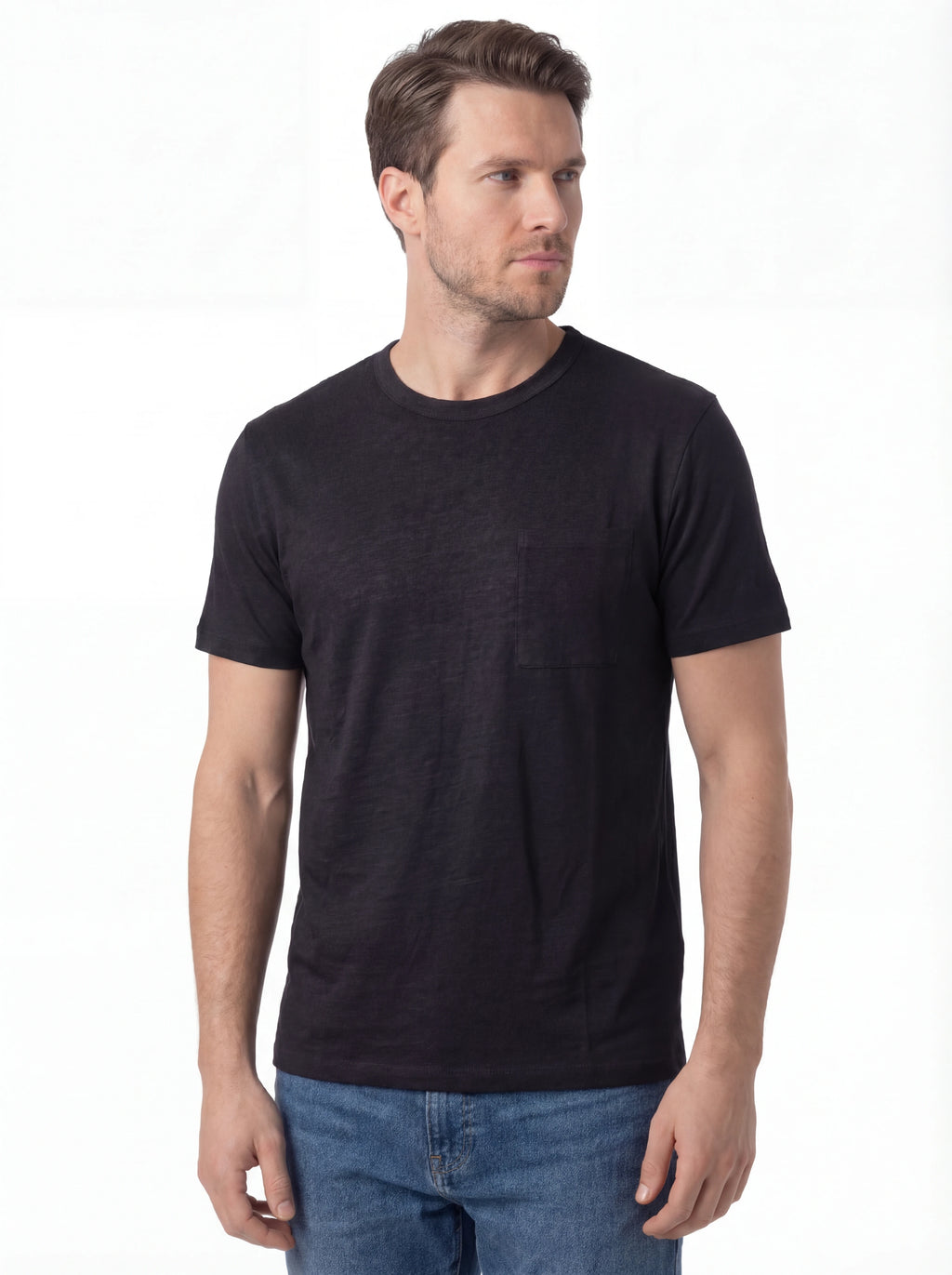 Dettaglio t-shirt nero texture lino Saint Barth lino Ecstasea