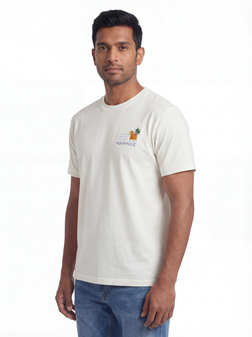 Dettaglio t-shirt burro scritta “AQUAHOLIC” Saint Barth cotone