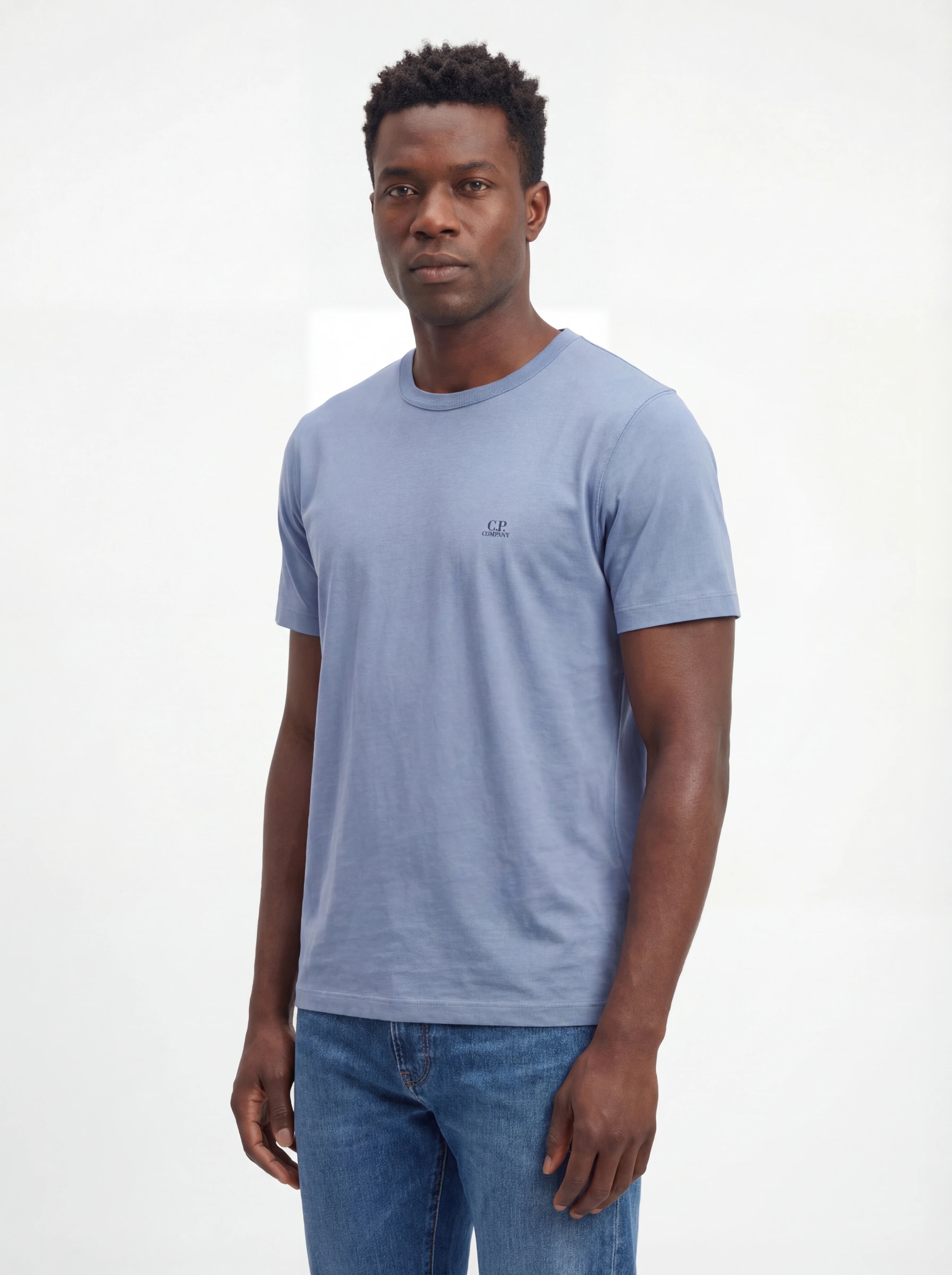 t-shirt celeste nan vista posteriore logo Stampa Scritta con dettagli chiari