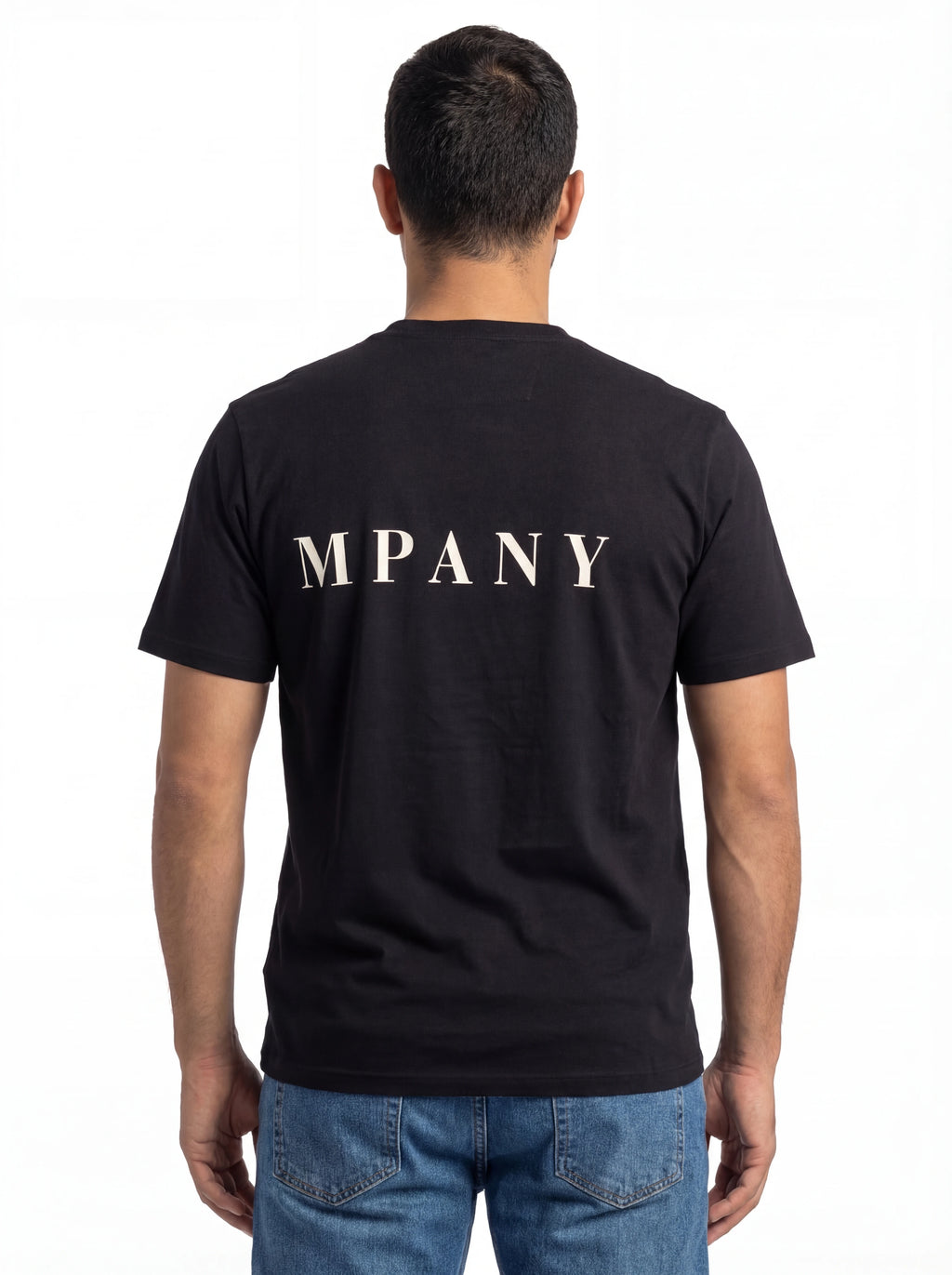 Modello a 45 gradi con t-shirt blu nan logo Stampa cotone con dettagli chiari